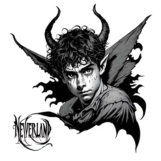 Dark and aggressive tattoo design for chest, 'Neverland' theme, featuring a demonic Peter Pan with hollow eyes and sharp tattoo design idea