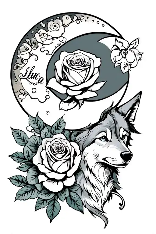 Daughters name is luca. I want a rose a moon and a wolf tattoo design idea