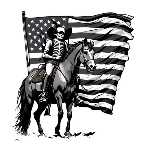 skeleton cowboy riding horse holding American flag tattoo design idea
