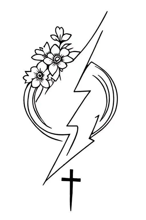 lightning bolt symbol with flowers inside, western tooled leather around it and a cross  tattoo design idea