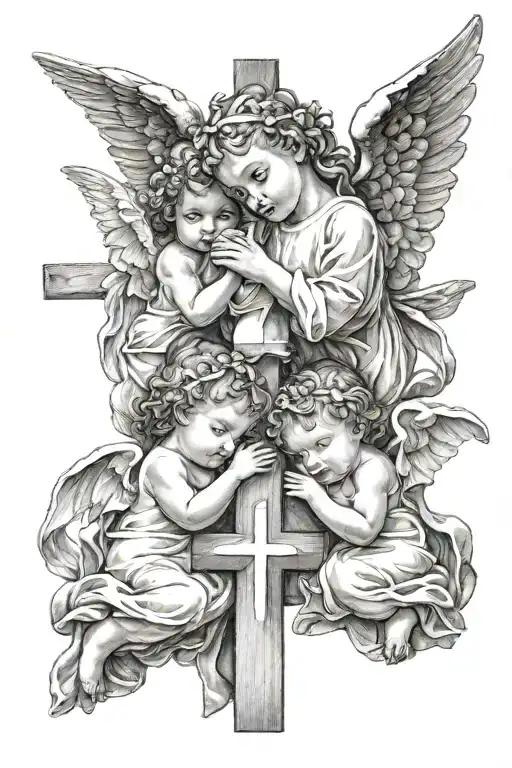 3 baby angels surrounding a cross tattoo design idea