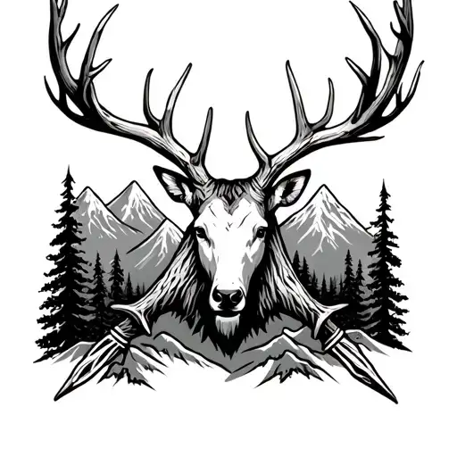 Deer antler arrow head and mountains tattoo design idea