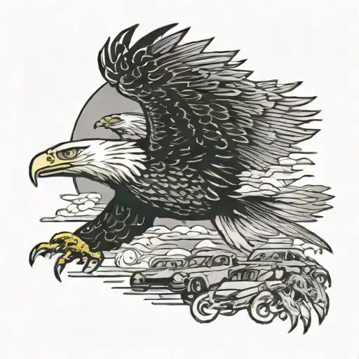 Eagle soaring over a sea of VW Beetles tattoo design idea