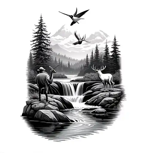 waterfall into a stream with a fisherman a deer in the background and a hummingbird tattoo design idea