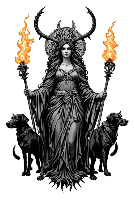 goddess Hecate with torches and black dogs. ancient style tattoo design idea