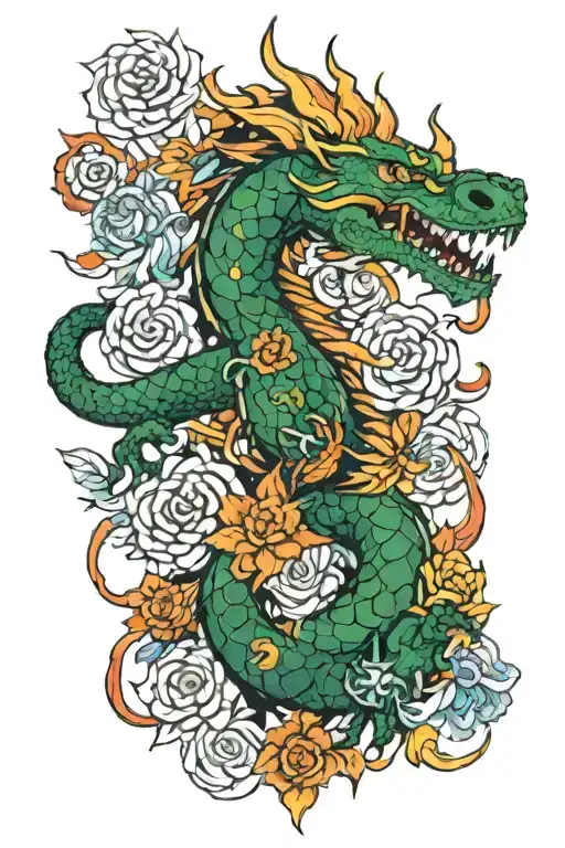 7 chakras dragon breathing fire and sword and flowers tattoo design idea