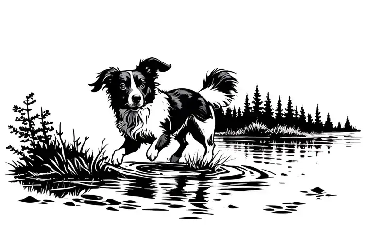 running border collie in wilderness with water tattoo design idea