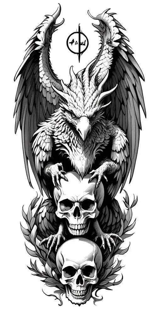 dragon double headed eagle wings holding skulls tattoo design idea