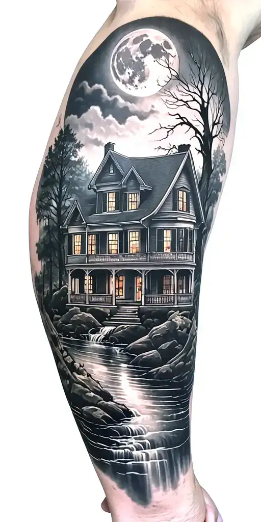 Full sleeve tattoo haunted house with Amityville windows with a blood moon sticking out overlooking a forest and stream  tattoo design idea
