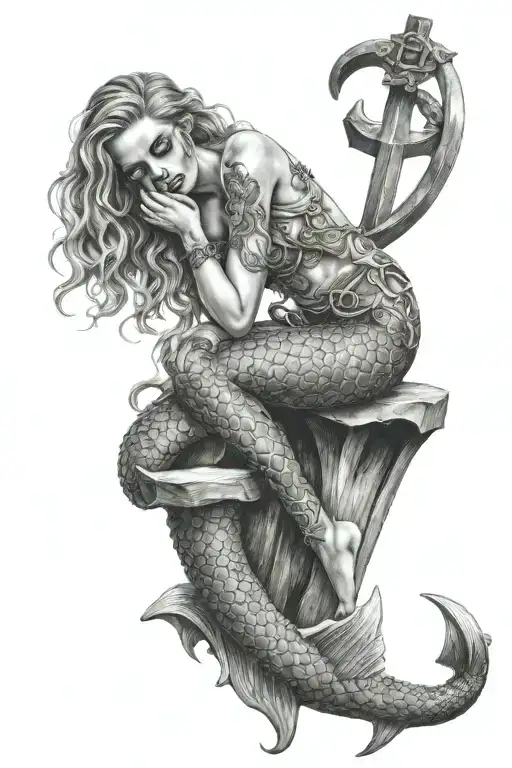 mermaid sits on a large anchor and kisses a scull and keep it in her arms  tattoo design idea