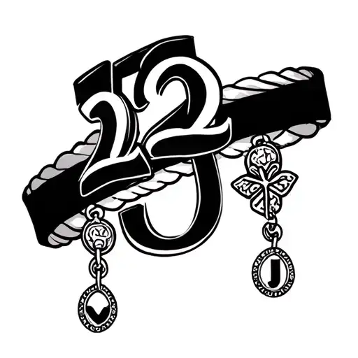 theee bracelet tattoo that has charms dangling 20j2 on one of the bracelets. numbers fancy and lower case cursive j tattoo design idea