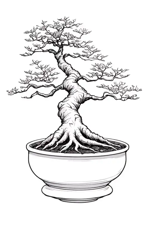 Bonsai tree with no pot exposed fine roots minimal foliage tattoo design idea