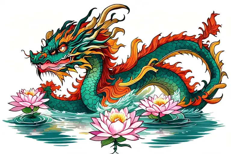 vietnamese dragon and water lilly tattoo design idea