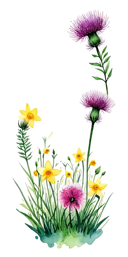 mountain landscape fading to meadow with daffodils, thistles and geraniums  tattoo design idea