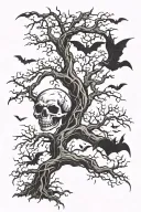 poison tree mixed with flying bats all around it.  Make it helloween vibe like  tattoo design idea