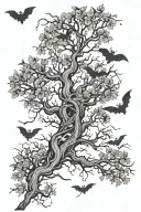 poison tree mixed with flying bats all around it.  Make it helloween vibe like  tattoo design idea