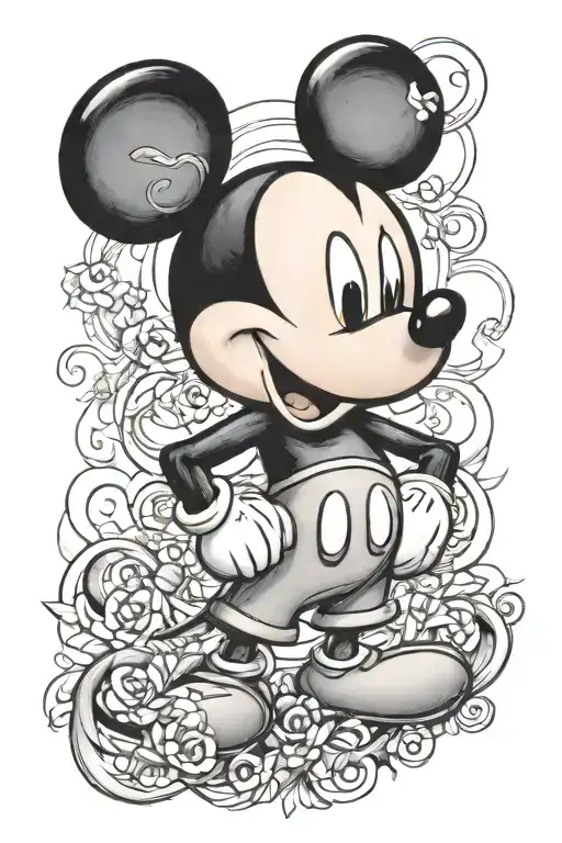 mickey mouse with name and date tattoo design idea