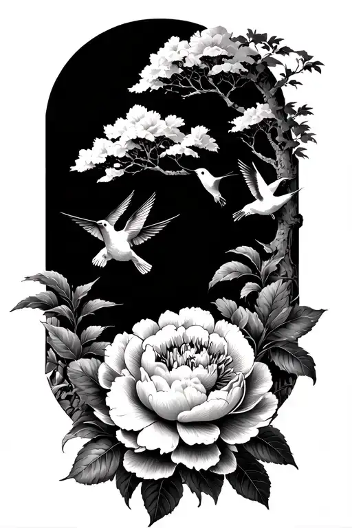 peonies with hummingbirds flying, trees in background tattoo design idea
