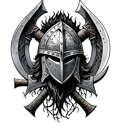 half sleeve tattoo with yggdrasil, helm of awe, crossed viking axes with shield, vegvisir and the valkyrie helmet. tattoo design idea