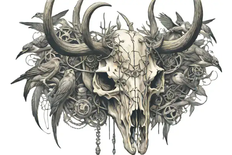 giant deer skull with birds around and hanging off the horns and fish under it with military dog-tags danging off the  tattoo design idea