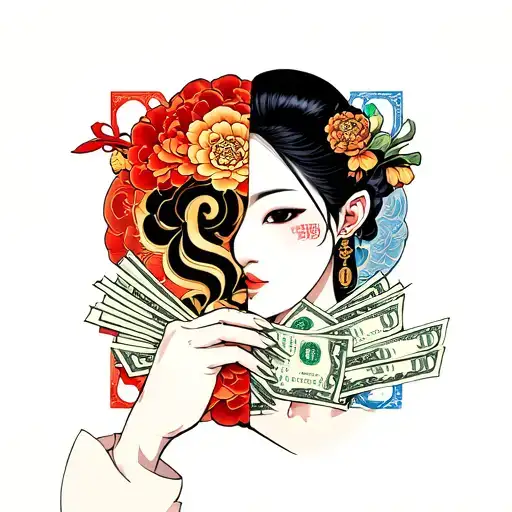 2 faced angle holding money  tattoo design idea