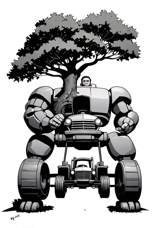 iron giant from the movie the iron giant holding a tree and a car with a tractor with a bite out of it at his feet tattoo design idea
