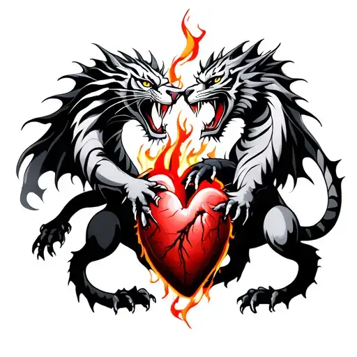 dragon and tiger fighting with an anatomical heart on fire in the centre, flames are red, the rest is black and grey tattoo design idea