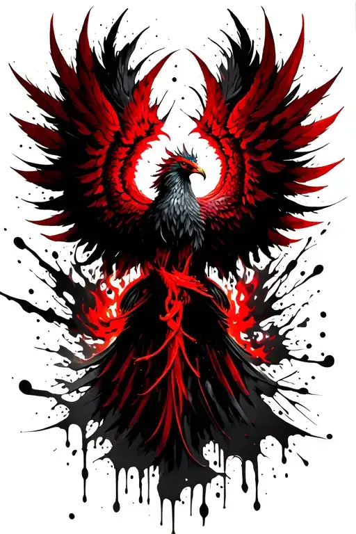 An intricate tattoo of a phoenix rising from ashes with love and fear intertwined in its feathers, symbolizing rebirth and transformation tattoo design idea