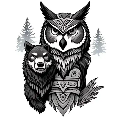 totem pole inspired design featuring a owl, wolf and grizzly bear  tattoo design idea
