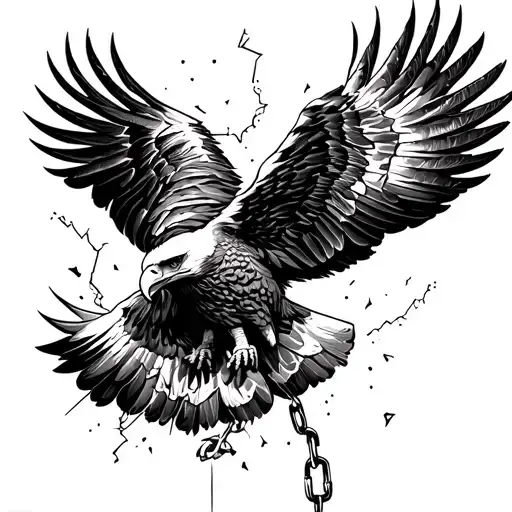 A detailed tattoo of an eagle in flight, each feather representing a broken chain tattoo design idea