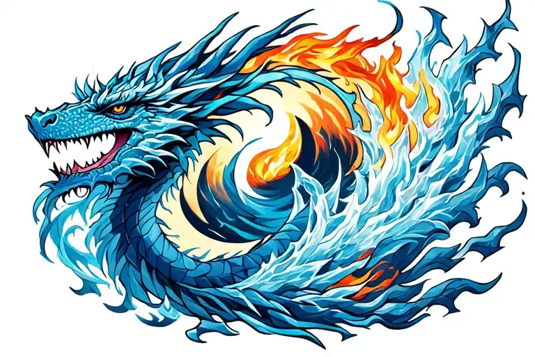ice dragon breathing ice wrapped tightly in a battle with a fire dragon breathing fire forming a yin yang in an eye tattoo design idea