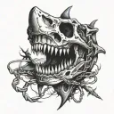 shark jaw skull with barbed wire wrapped around some of it  tattoo design idea