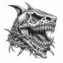 shark jaw skull with barbed wire wrapped around some of it  tattoo design idea