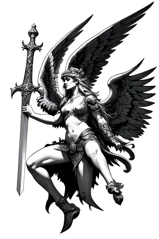 Valkyrie flies with her sword and wings tattoo design idea