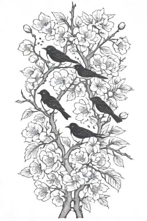 sideways very thin black and white masculine cherry branch tattoo with minimal blossoms  with 4 solid black birds.     tattoo design idea