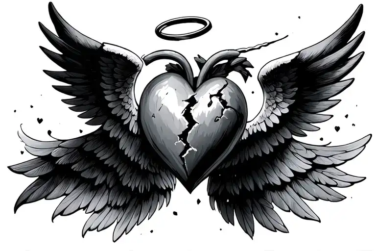 broken heart with wings and halo tattoo design idea