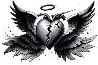 broken heart with wings and halo tattoo design idea