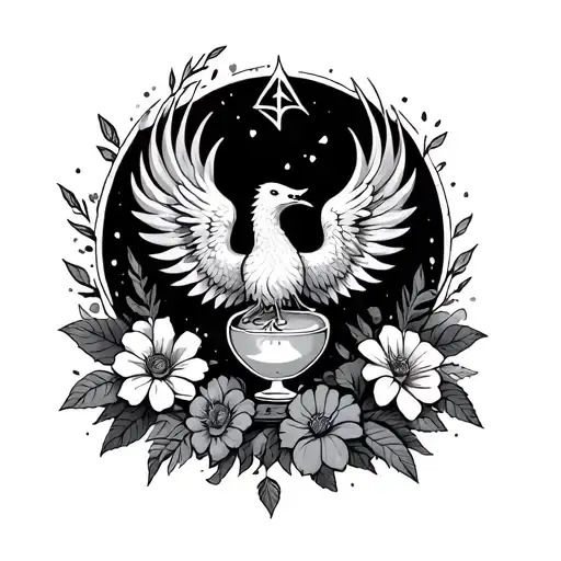 arrow, phoenix, flowers, potion, love tattoo design idea