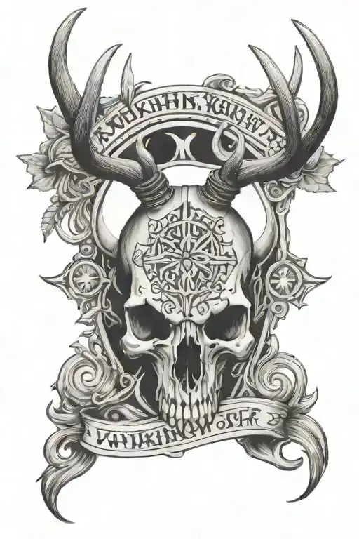Viking deer Skull surrounded by Viking lettering tattoo design idea