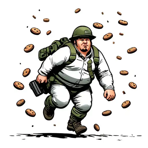 silly fat soldier running with cookies falling out of his pockets tattoo design idea