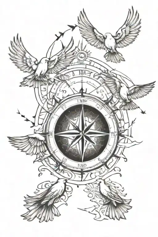 Mother father and two children walking hand in hand, compass in front as background, doves flying above around sun, sun  tattoo design idea