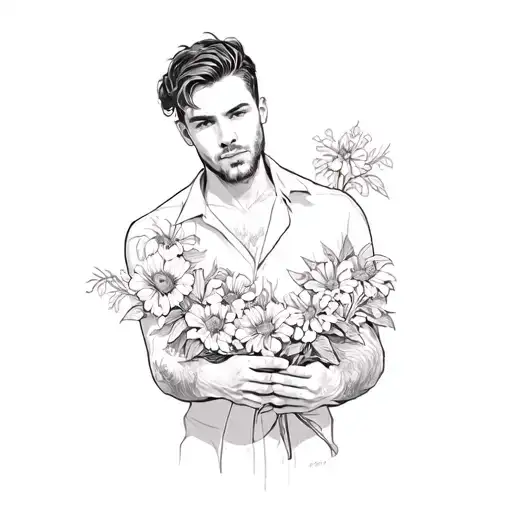 a man with flowers in his hands tattoo design idea