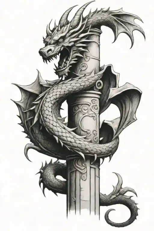 simple dragon wrapping around roman column pillar tattoo design idea