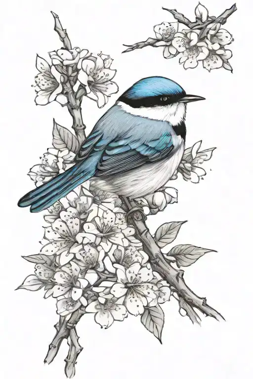Superb Fairy-wren  with 6 cherry blossom flowers tattoo design idea