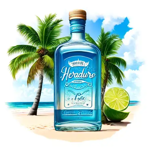 heradure tequila bottle on the beach with 3 palm trees behind tattoo design idea