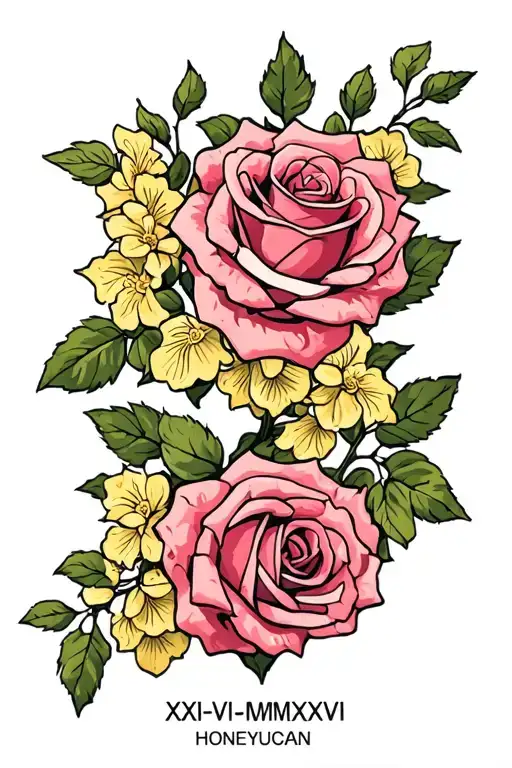 "XXI-VI-MMXXIV" "XXI-VI-MMXXIV" roses and honeysuckle growing tattoo design idea