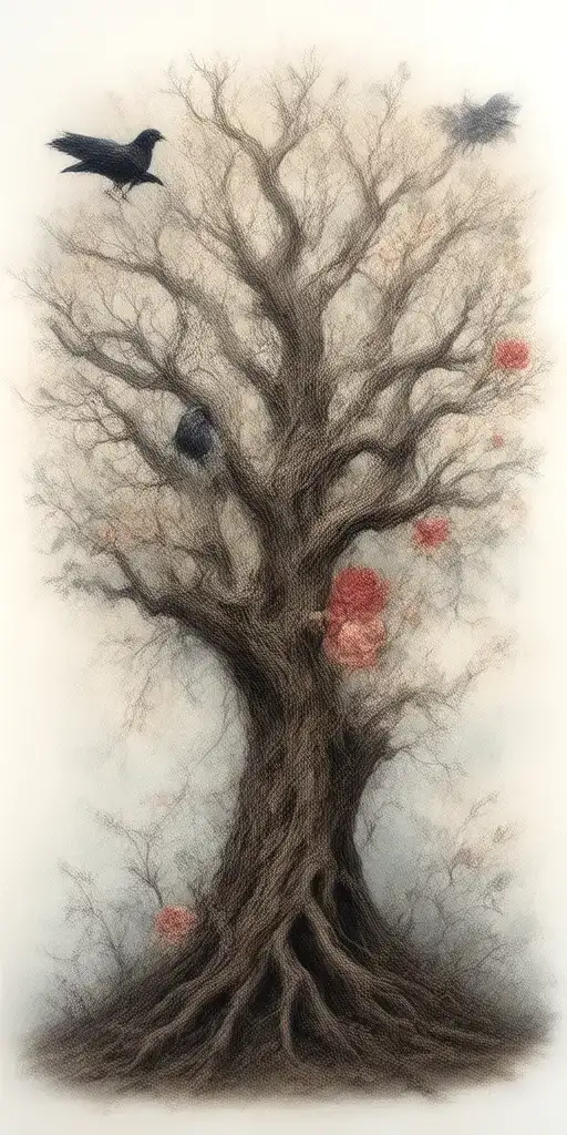 crooked scary looking tree wich gnarled and snapped branches. ravens perched amongst the branches roses weaving amongst tattoo design idea