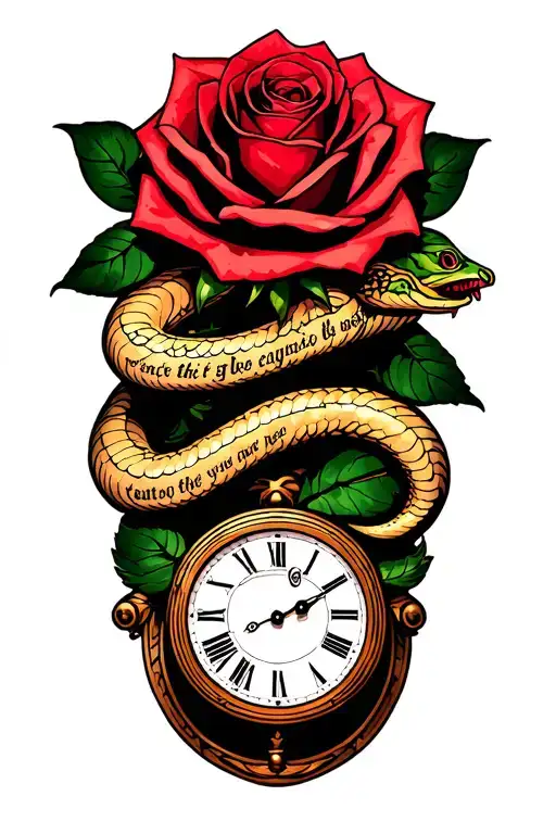 roses with snakes and a clock with Bible verses  tattoo design idea