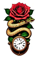 roses with snakes and a clock with Bible verses  tattoo design idea
