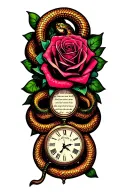 roses with snakes and a clock with Bible verses  tattoo design idea
